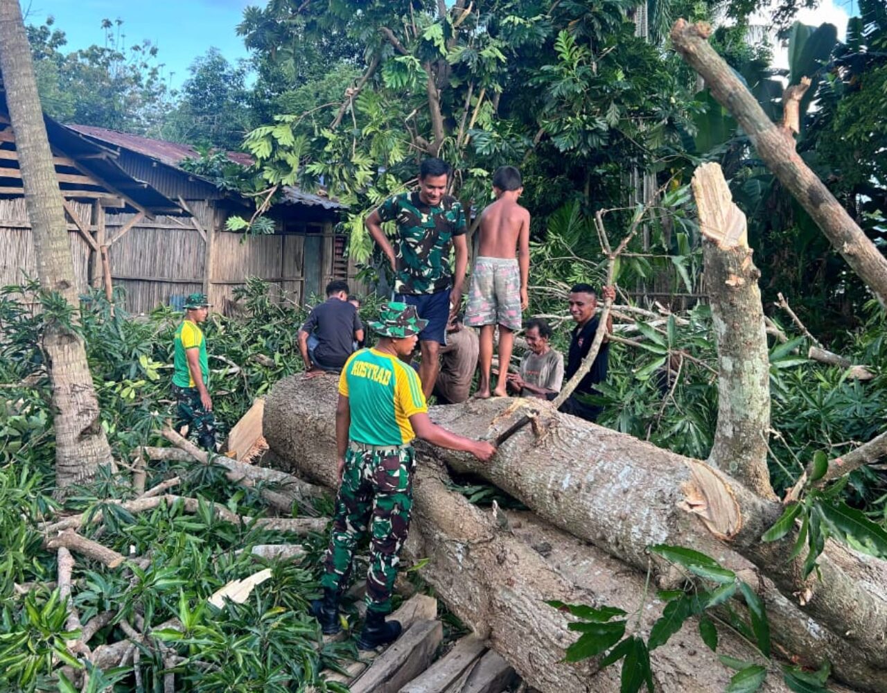 Satgas Pamtas Pos Haslot Membantu Masyarakat Siapkan Material Rumah Adat
